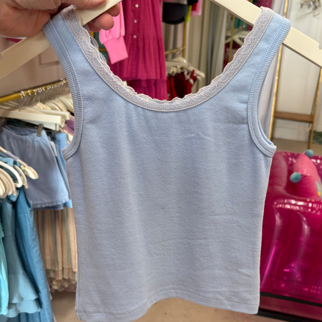 Stella Blue Ribbed Tank with Lace Trim*