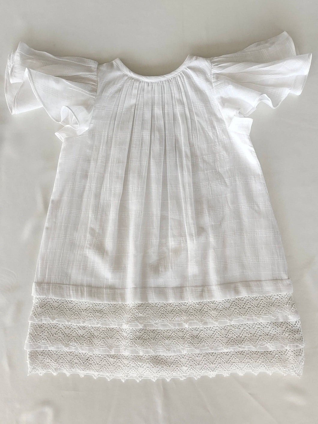 White Textured Plaid Dress with Cap Sleeves & Lace