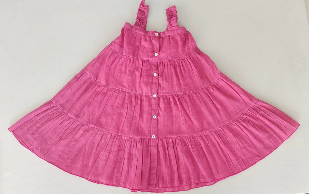 Pink Textured Plaid Multi-Tiered Ruffle Dress