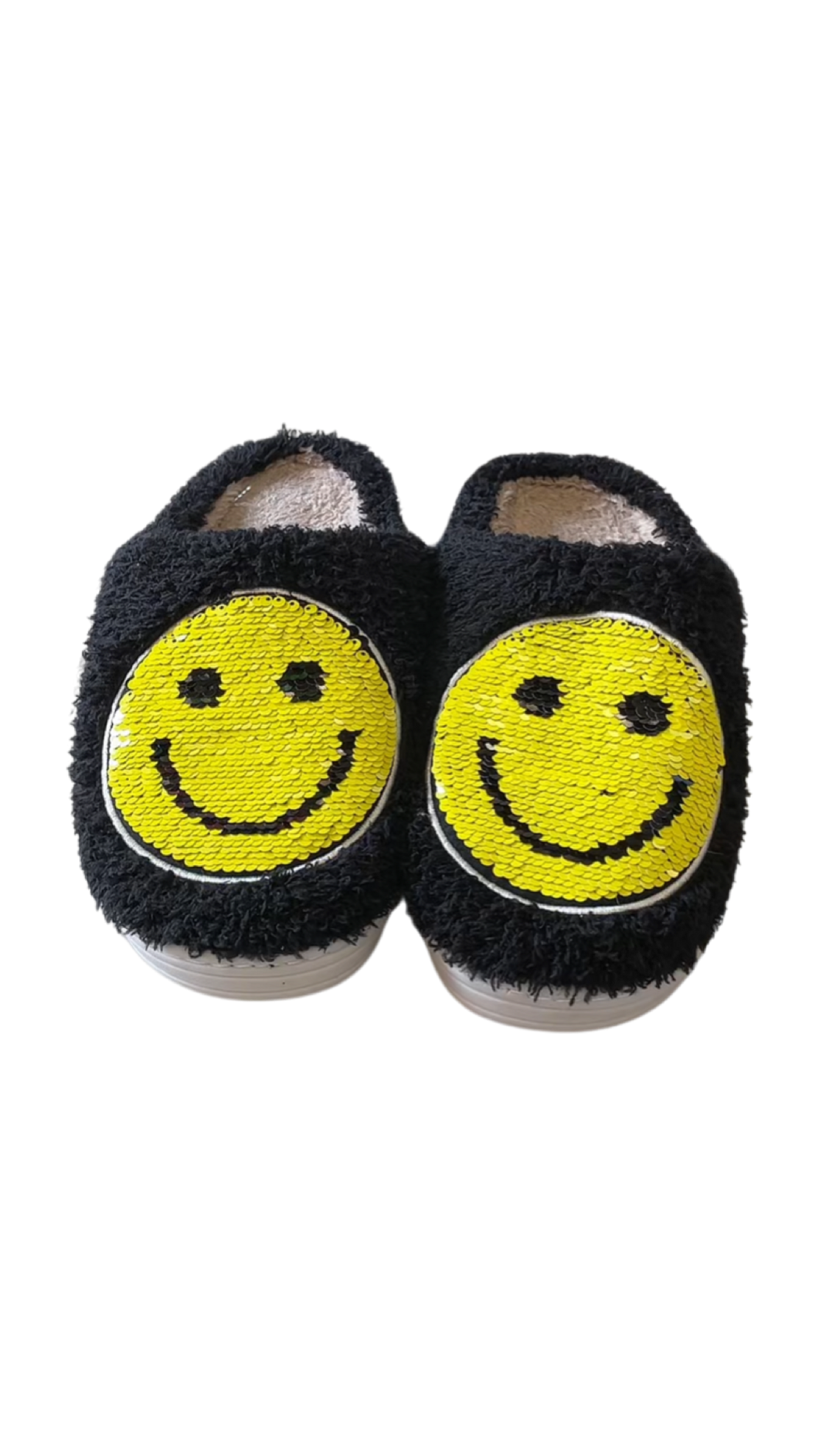 Black with Yellow Sequin Smiley Slippers..