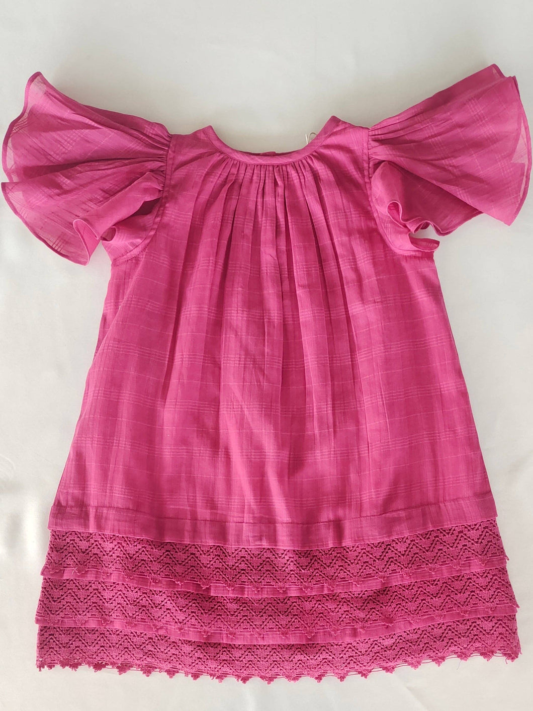 Pink Textured Plaid Dress with Cap Sleeves & Lace Details
