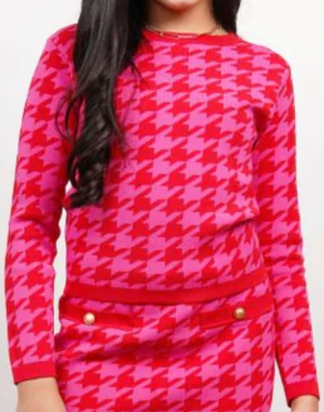Everly Pink and Red Houndstooth Long Sleeve Top..