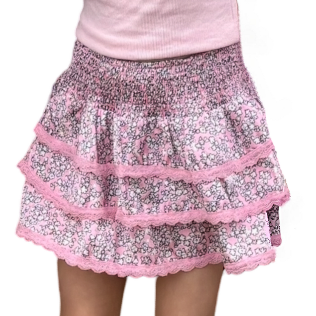 Gemma Satin Pink Ditsy Smocked Ruffle Mini Skirt
