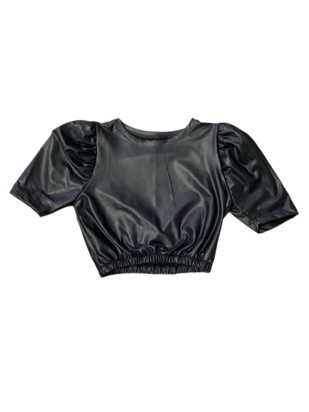 Black Leather Puff Sleeve Synched Waist Top..