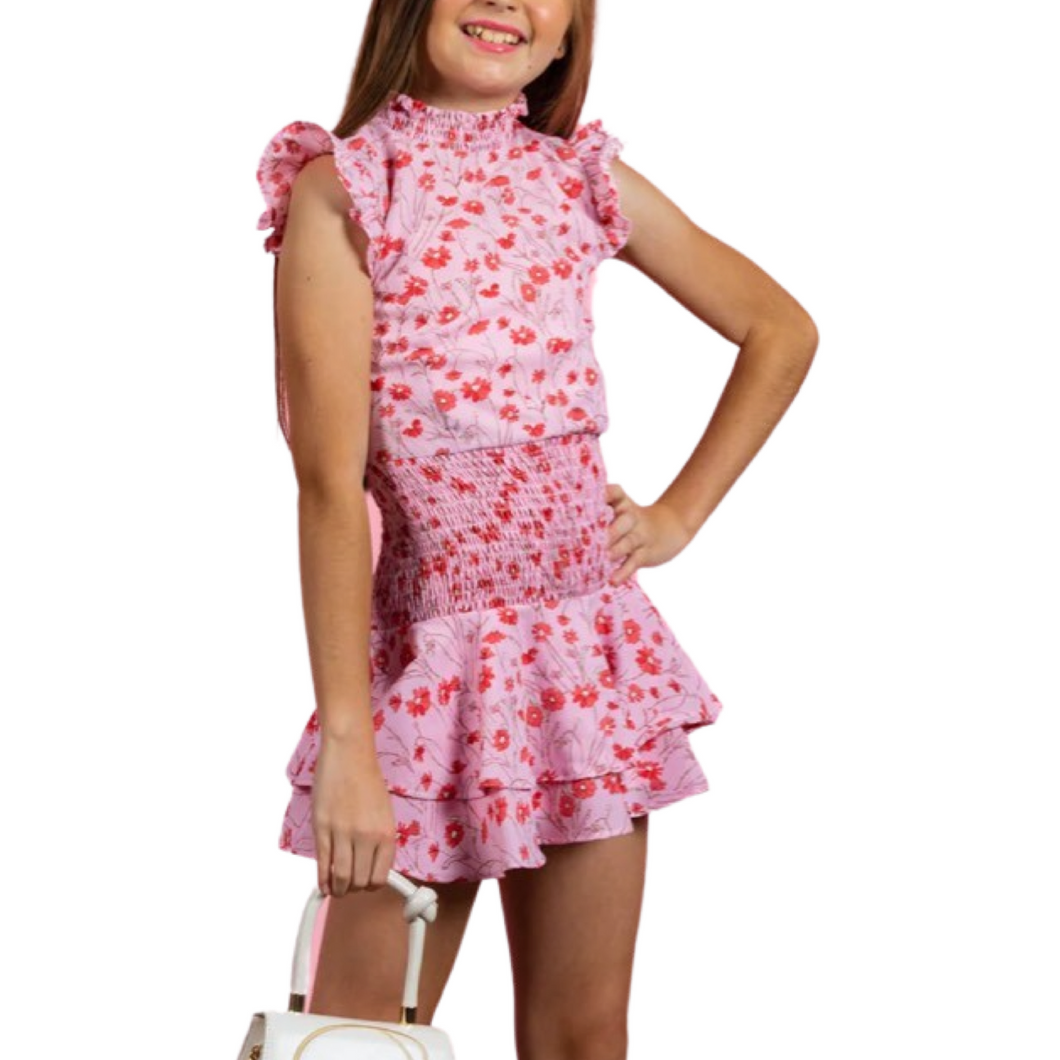 Miss Behave Selena Dress Pink w/ Red Flowers