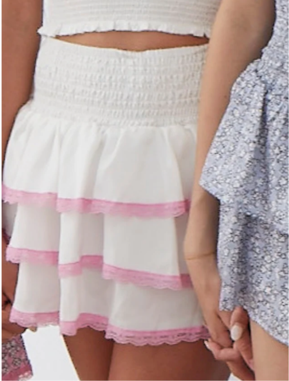 Gemma Satin White Smocked Ruffle Skirt with Pink Lace*