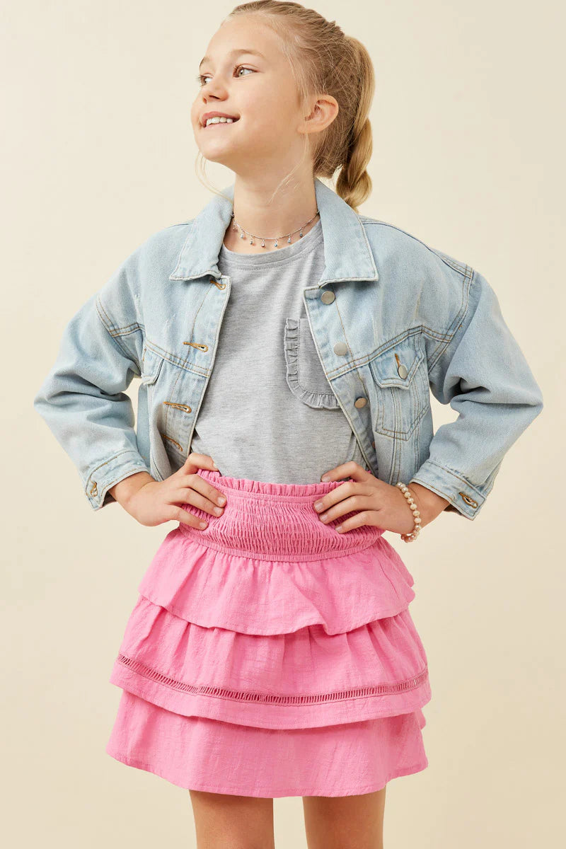 Tween Crochet Smocked Layer Skirt -Pink