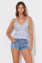 Load image into Gallery viewer, Fog Blue Lace Detail Ruffle Cropped Tank
