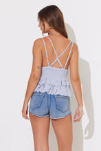Load image into Gallery viewer, Fog Blue Lace Detail Ruffle Cropped Tank
