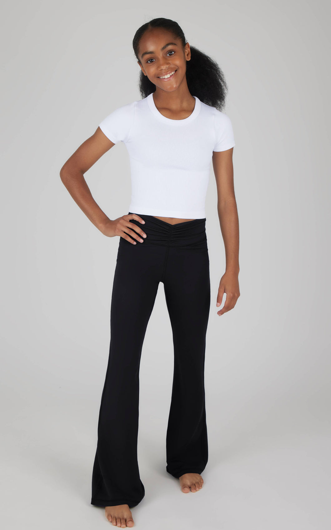 Girls Lux Waist Band Ruching Flared Pant: Black