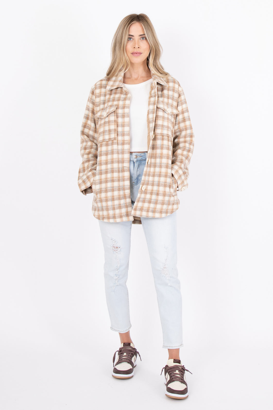 Adult Cream, Tan & Blue Plaid Shacket..