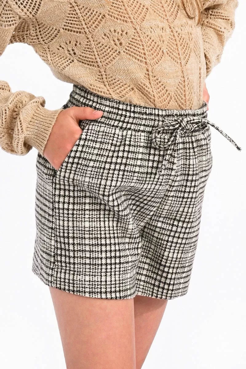 Beige and Black Plaid Woven Shorts..