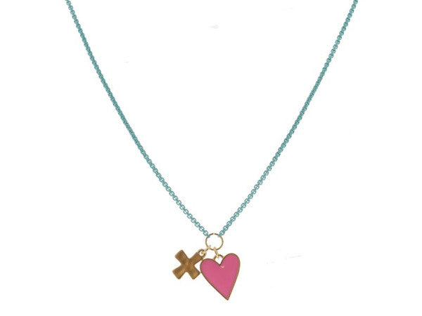 KIDS MINT BOX CHAIN WITH GOLD SQUARE CROSS AND PINK ENAMEL HEART NECKLACE