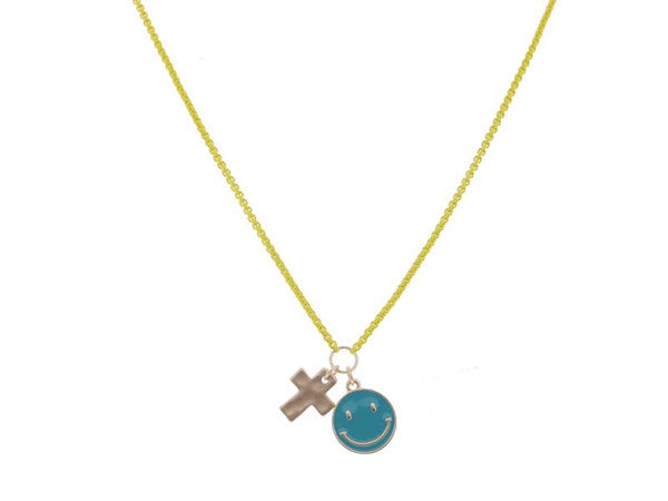 KIDS YELLOW BOX CHAIN WITH GOLD CROSS AND TEAL ENAMEL HAPPY FACE DISC NECKLACE