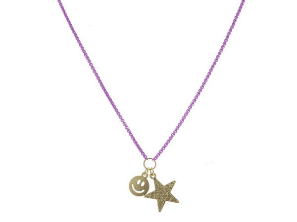 KIDS LAVENDER BOX CHAIN WITH GOLD HAPPY FACE AND GOLD HAMMERED STAR NECKLACE