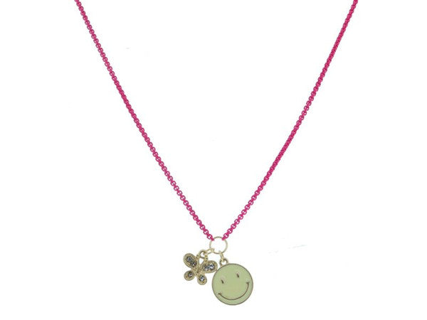 KIDS GOLD CRYSTAL BUTTERFLY ON PINK BOX CHAIN AND CREAM ENAMEL HAPPY FACE NECKLACE