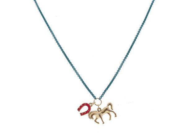 KIDS TEAL BOX CHAIN WITH HOT PINK ENAMEL HORSESHOE AND GOLD HORSE NECKLACE