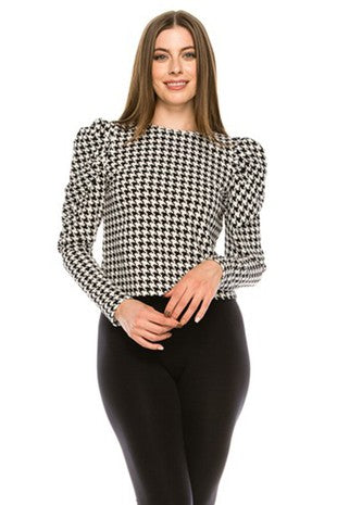 *Teen Houndstooth Puffy Long Sleeve Top