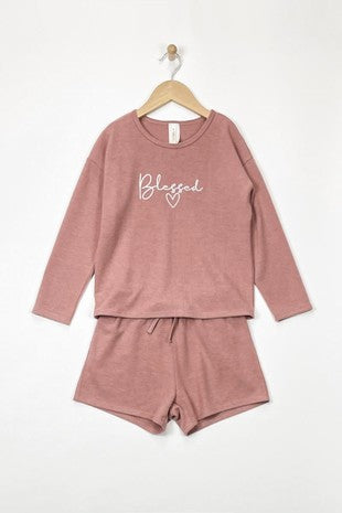 Heart and Arrow Blessed L/S Top With Shorts Lounge Set-Mauve