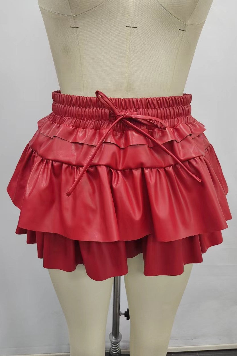 *Faux Leather Flounce Skirt-Red