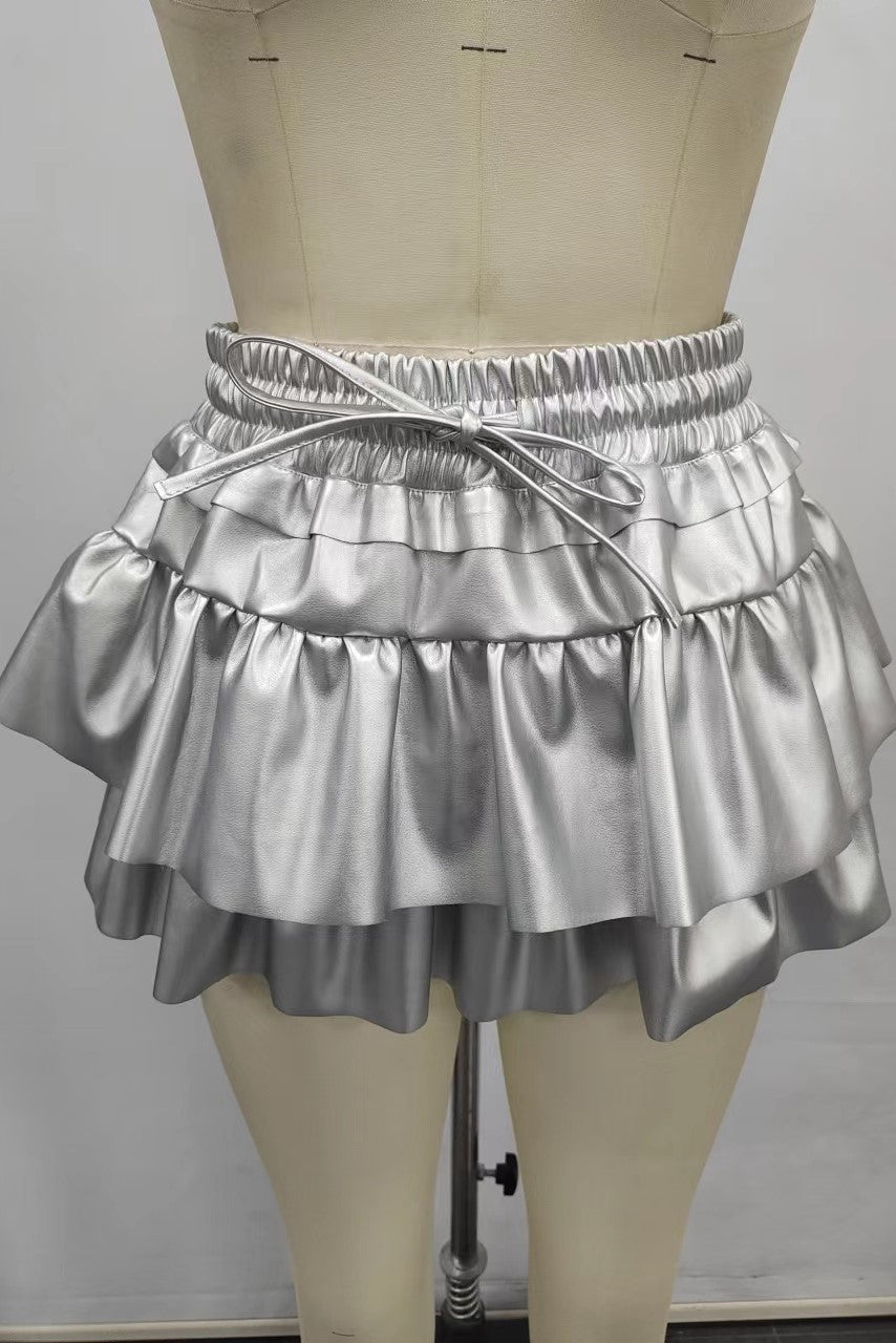 *Faux Leather Flounce Skirt-Silver