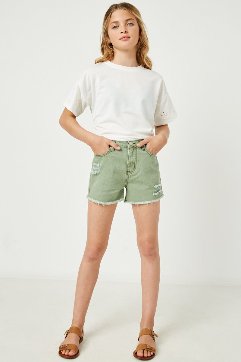 Girls Distressed Washed Color Denim Shorts-Green
