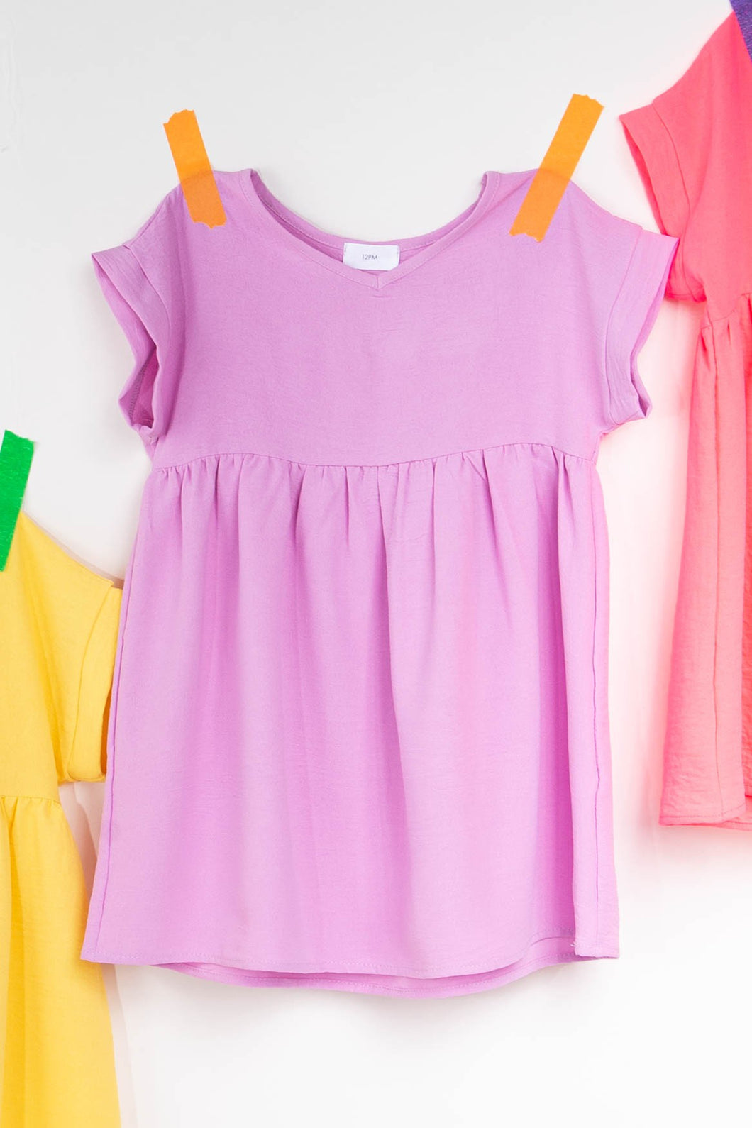 *Girl's Lilac V-Neck Woven Babydoll Neon Dress